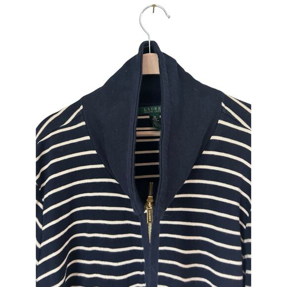 Lauren Ralph Lauren Striped Zip-Up Jacket Womens 3X Navy White Mock Neck Pockets - Picture 2 of 5